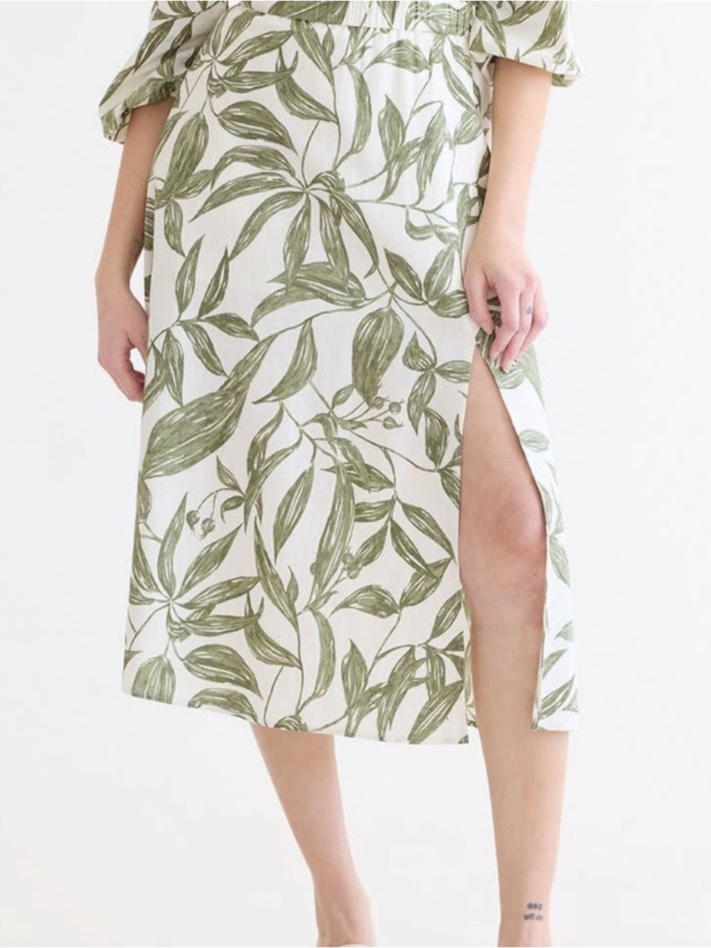 Reitmans Linen-Blend Midi Skirt Set Green Leaf Pattern High Side Slit Size XXL - Picture 3 of 16